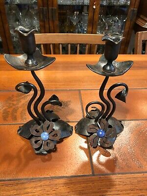 Vintage Pair of Hand Forged Wrought Iron Candlesticks Holders, 10" Tall, 4" Wide