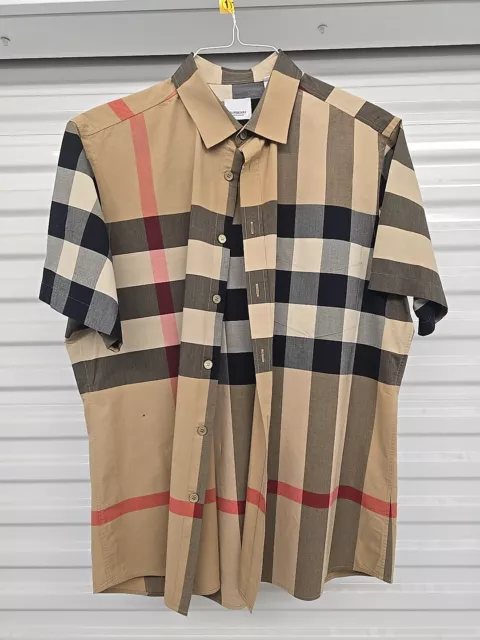 Short Sleeve Men's XXL Plaid Burberry Shirt W/Small Stain