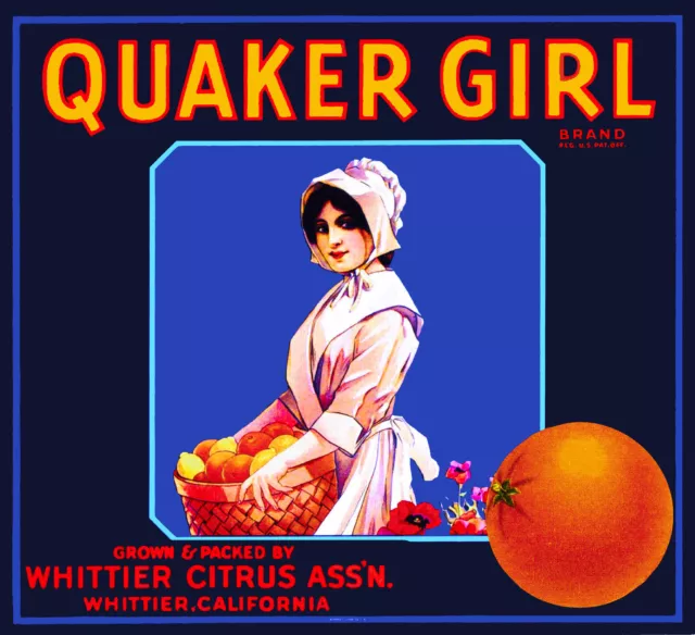 Whittier Los Angeles County Quaker Girl #2 Orange Citrus Fruit Crate Label Print