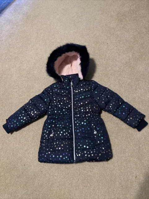 Members Mark Girls Hooded Puffer Jacket Faux Fur Metallic Stars Size 4T NWOT