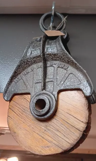Vintage Cast Iron and Wood Myers 299 Industrial Barn Pulley