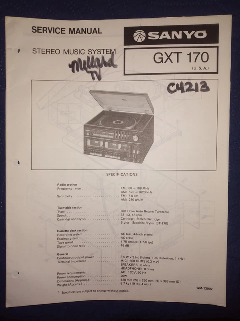Sanyo Gxt170 Stereo Music System Original Service Repair Manual