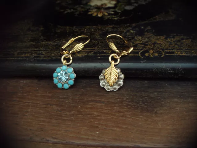 Vintage Aquamarine Blue Crystal & Turquoise Drop Pierced Earrings