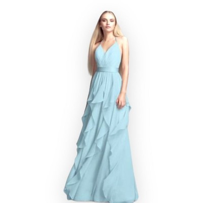 Vera Wang White Label Blue Chiffon Prom/Event/Bridesmaid  Ruffle Gown Dress 16