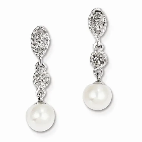 Brand New Sterling Silver Freshwater Pearl & Diamond Dangle Earrings