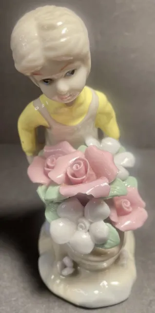 Girl With Wheelbarrow Figurine Garden Cart Full Of Flowers Porcelain Pastels