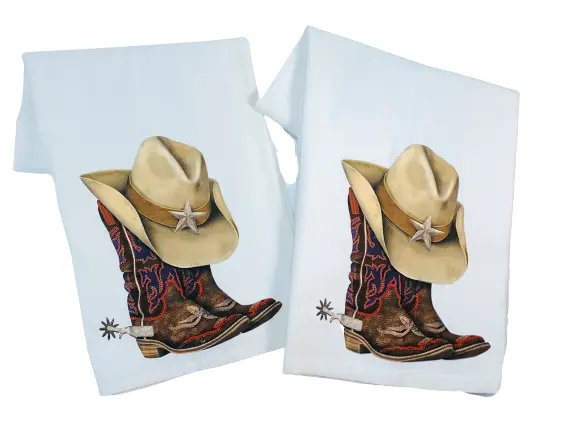 Mary Lake Thompson Western Cowboy Hat Boots Flour Sack Towels 30x30 SET of 2 NOS