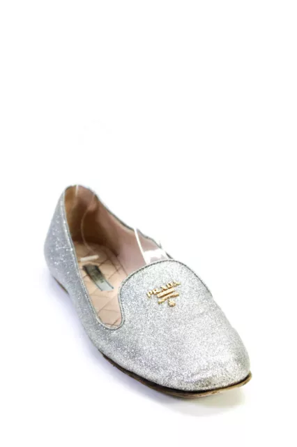 Prada Womens Leather Glitter Slip On Flats Silver Size 9.5