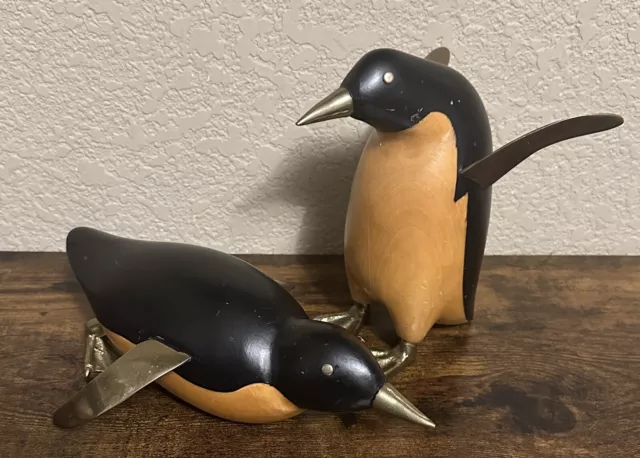 Vtg Brass Wood Penguin Sculptures  Frederick Cooper? Figurines Set Of 2 Birds