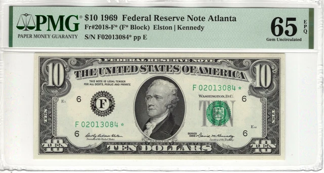 1969 $10 Federal Reserve Star Note Atlanta Fr.2018-F* Pmg Gem Unc 65 Epq (084*)
