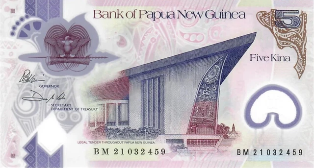 Papua New Guinea 5 Kina Banknote. single 5 Kina 2021 Polymer. 5 Kina Circulated