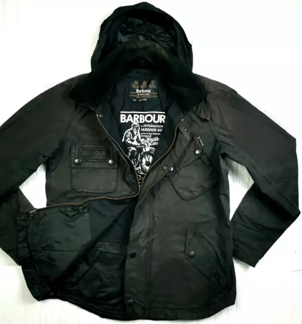 HOT Men's BARBOUR INTERNATIONAL @ APOLLO BIKER HOODED LINED BLACK WAXED Jacket M