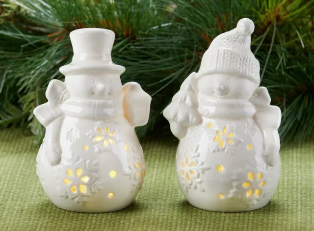 Christmas / Holiday Light up 2 pc set 5" LED White Porcelain Snowman Figurines