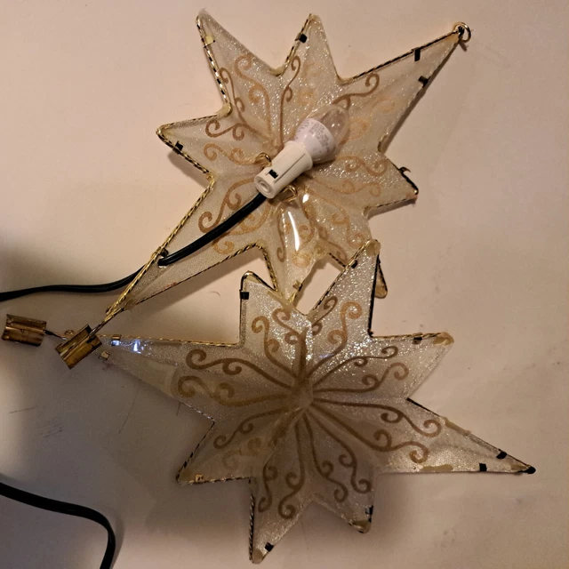 VTG Mesh Double Sided Star Tree Topper Glitter White & Gold Medal Lighted 11"