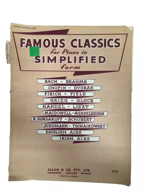 Famous Classics for Piano in Simplified Form Allan & Co Vintage #RAG GA1571