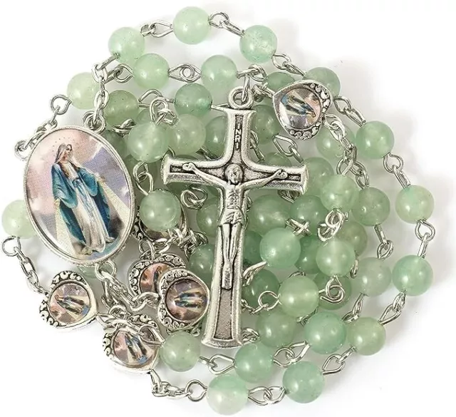 Green Aventurine Beads with Miraculous Epoxy Heart Metal Beads Rosary Necklace