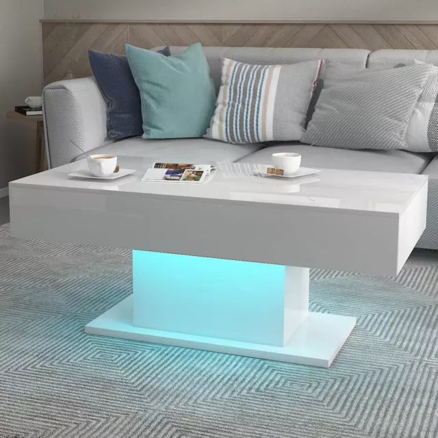 LED Coffee Table High Gloss Modern Tea Table Storage Living Room Furniture White
