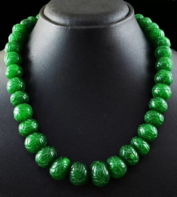 900.00 Cts Earth Mined Green Emerald Round Shape Carved Beads Handmade Necklace