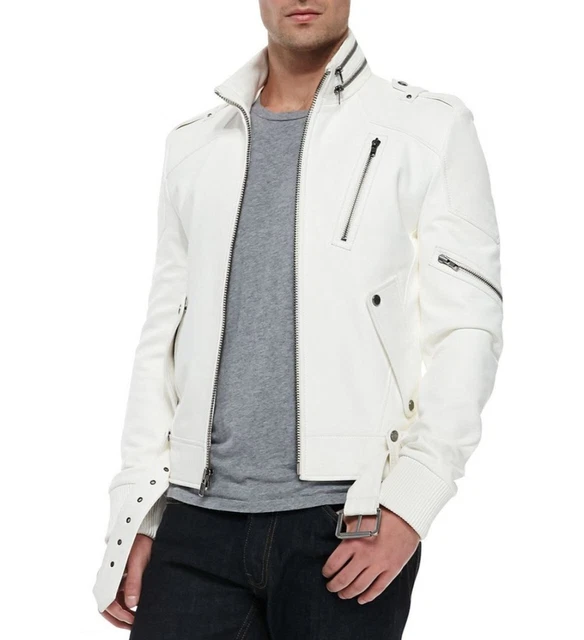 Men’s Stylish Biker Motorcycle White Cafe Racer Real Leather Jacket