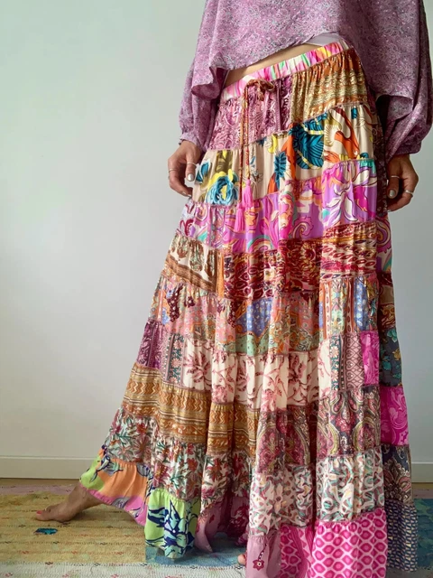 Jupe Longue Tribale Boho Pour Femme - Coton, Multicolore, Danse ATS - Taille Unique