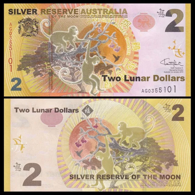 1 BANCONOTA da 2 DOLLARI LUNARI AUSTRALIA SCIMMIA SILVER RESERVE 2016 FDS