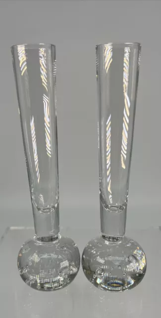 Vtg Kosta Boda Sweden Bud Vases, Clear Glass Controlled Bubbles 6" MCM Pair (2)