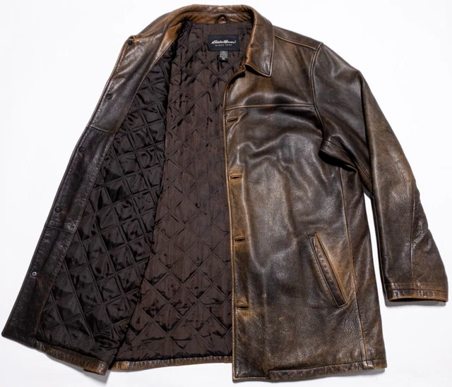 Eddie Bauer Leather Jacket Mens 2XLT Tall Lined Brown Patina Distressed Car Coat