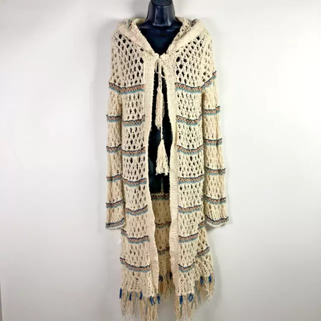 Free People L Cardigan Long Sweater Sunblock hood Mesh Knit Fringe Ivory duster