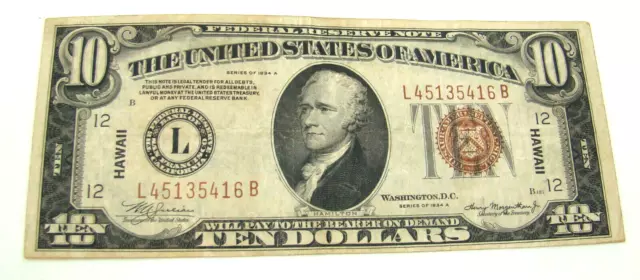 Very Rare 1934 A Hawaii Brown Seal $10 Ten Dollar Federal Reserve Note