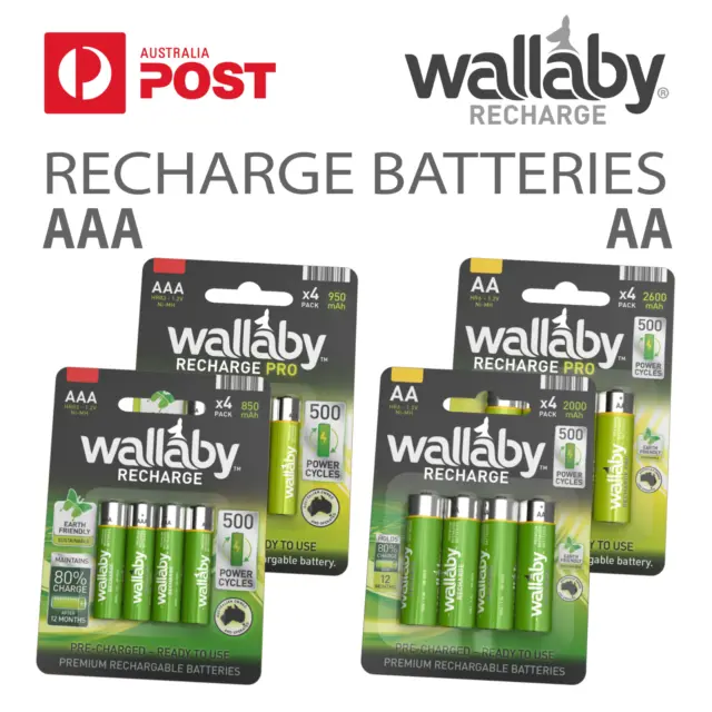 Size AA , AAA Wallaby Rechargeable Ni-MH Batteries 4/8/32 Qty FAST POST 4 Pack