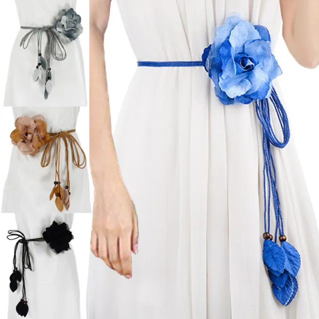Women Chiffon Flower Waist Belt Thin Tassel Leaves Strappy String Knot Waistband