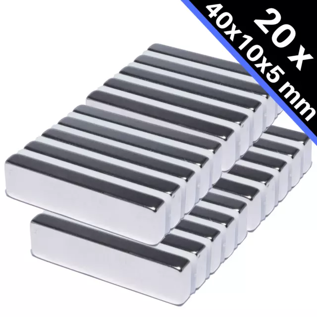 20 x N52 Neodym Magnet Quader 40x10x5 mm super stark Dauermagnet Block 11KG