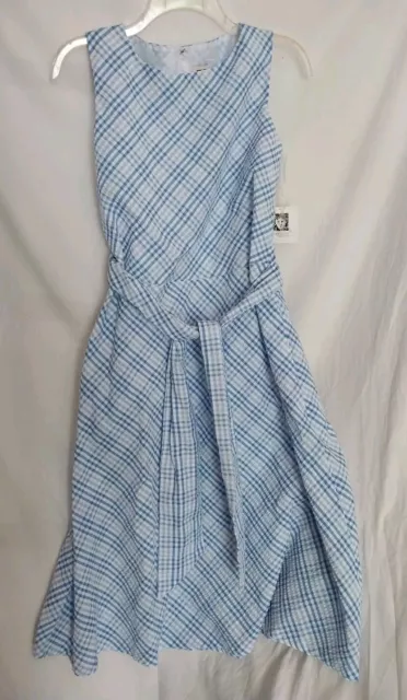 Anne Klein Blue White Sleeveless Gingham Seersucker Belted Dress Size 4 NWT $119