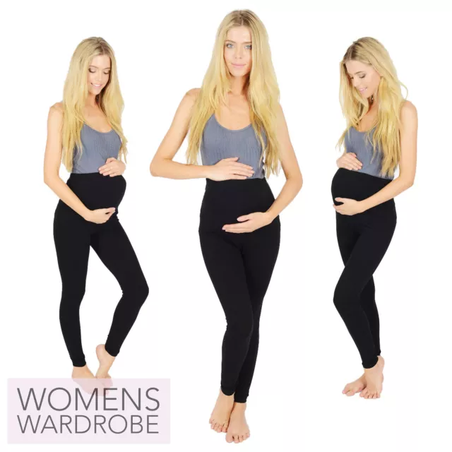 Womens Black Maternity Full Length Cotton Leggings Pregnancy V1