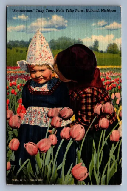 Postcard Vtg Michigan Tulip Time Nelis Tulip Farm Holland Satisfaction