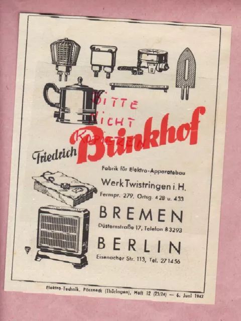 BREMEN, Werbung 1942, Friedrich Brinkhof Fabrik Elektro-Apparatebau Twistringen