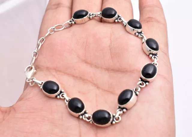 Sterling Silber Schwarz Onyx Edelstein Handgemacht Damen Armband Geschenk Für 2