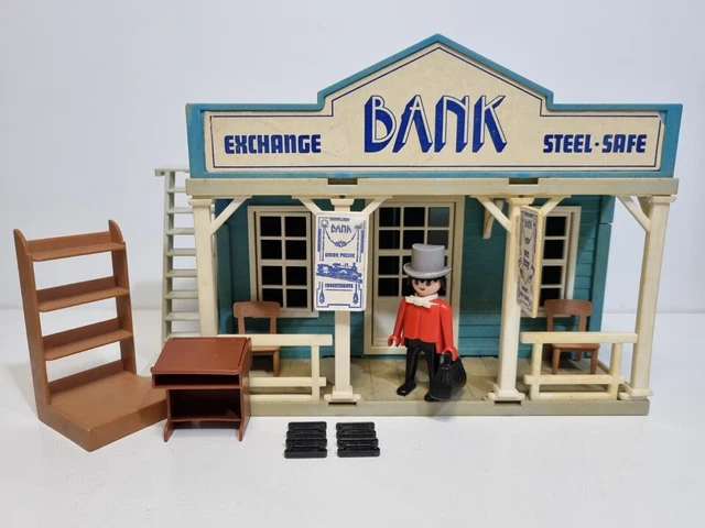 PLAYMOBIL vintage western maisons mur arrière bleu / banque 3421 3422 PLAYMOBIL vintage western maisons mur arrière bleu / banque 3421 3422