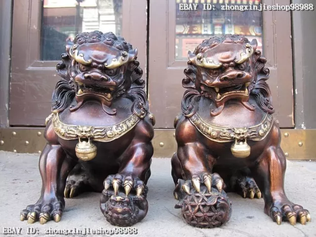 12" China Bronze Copper BeiJing Palace Royal Evil Guardian Fu Foo Dog Lion Pair