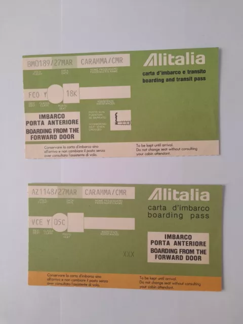 Alitalia Carta Imbarco Verde Venezia/Roma Fiumicino Anni '80 - Retro Tamoil