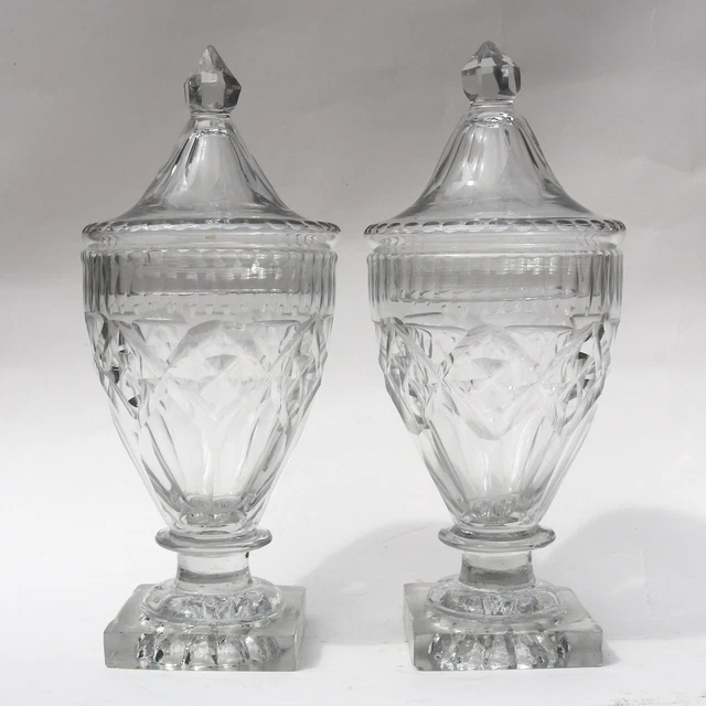 A pair of antique Georgian Irish small cut glass Urns / Bon Bon Jars C.1790