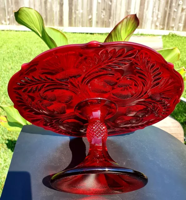 Handcrafted Ruby Red Art Glass  Inverted Thistle Cake plate  Pedestal  Stand