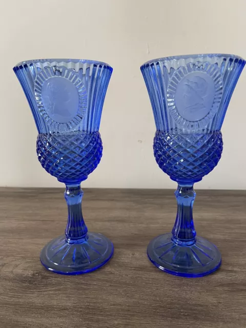 Set of 2 Avon Fostoria 8" Cobalt Blue Goblet George & Martha Washington 1976