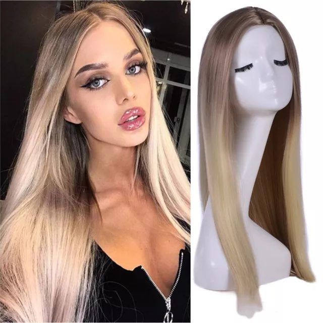 Womens Long Straight Hair Wigs Ladies Natural Ombre Blonde Cosplay Full Wig