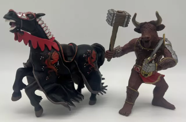 2006 Papo Medieval Fantasy Action Figure War Minotaur Bull & Black Dragon Horse