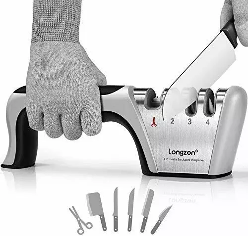 longzon Aiguiseur Couteaux 4 en 1 Affuteur Couteau Professionnel avec Gants