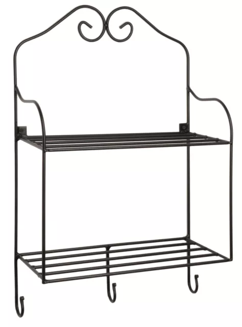 DOUBLE SHELF & 3 HOOK RACK - Wrought Iron Scroll Wall Mount Organizer AMISH USA