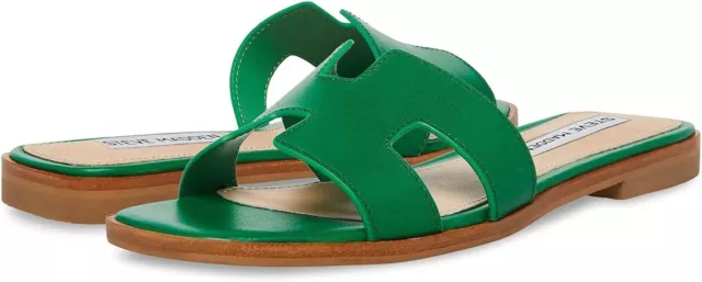 Steve Madden Hadyn Green Leather Cut-Out Slip On Open Toe Flat Slides Sandals