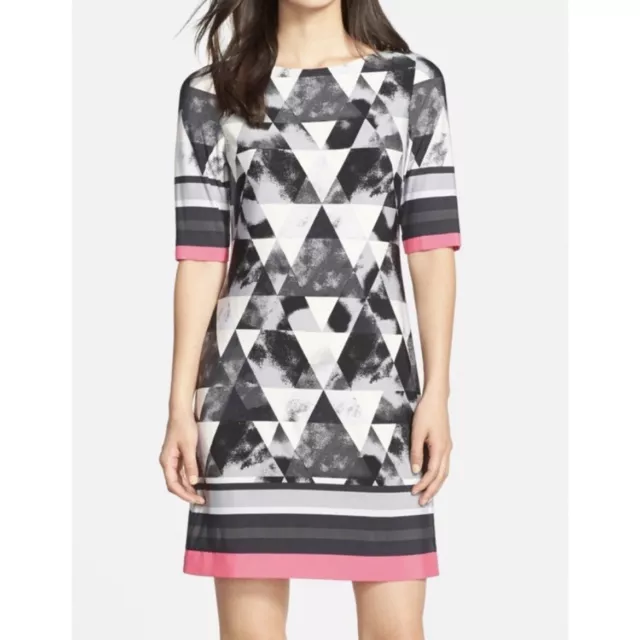 Eliza J Bateau Neck Geometric Jersey Sheath Dress Black Pink Zip Women’s Size 0P 2