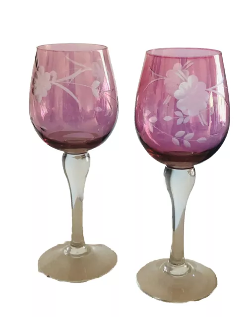 Pair Of Vintage Etched Glass Amethyst Goblets Wine Glasses Clear Stem 18 Cm H